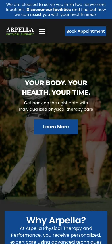 Arpella Physical Therapy homepage on mobile